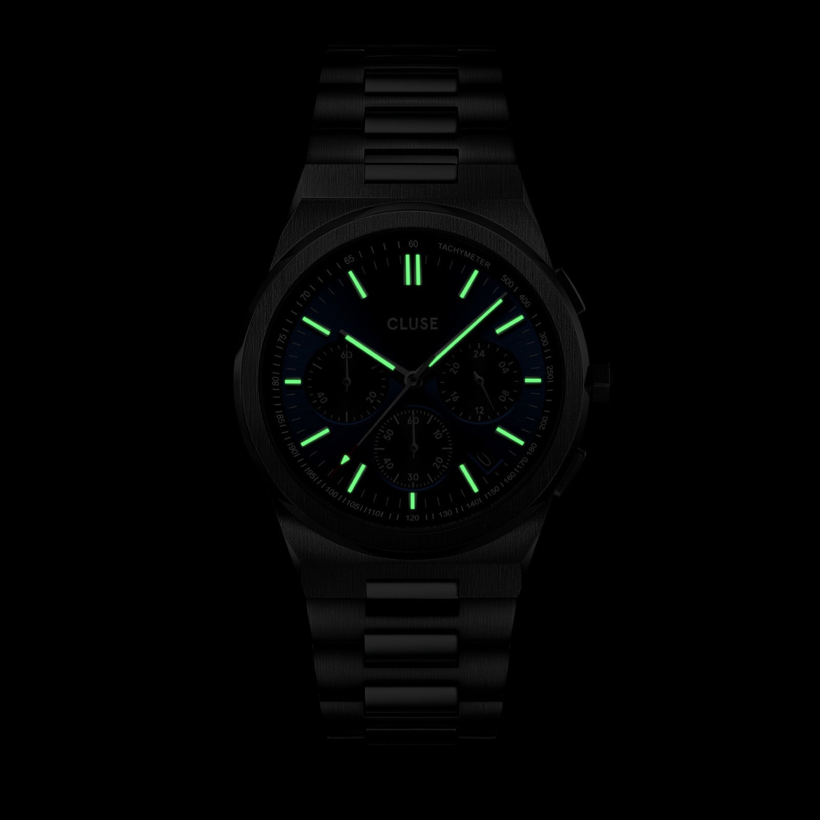 Detalle del Reloj Cluse Vigoureux Multifunción con esfera azul y caja plateada