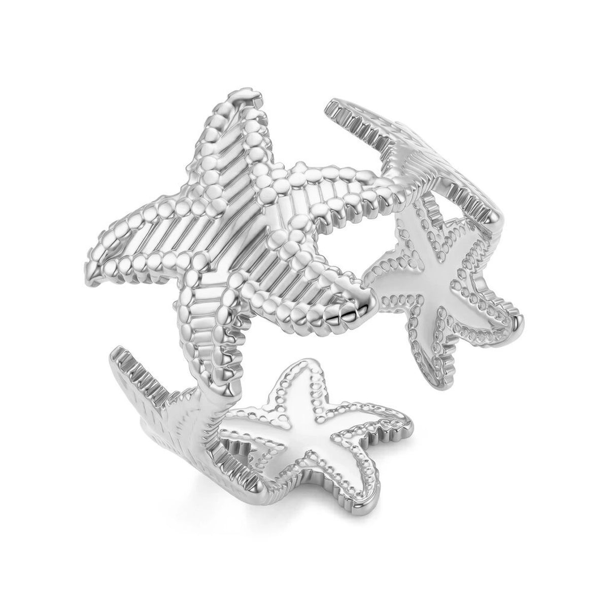 Anillo Estrella de Mar Abierto Acero en plateado, anillo abierto con estrellas de mar