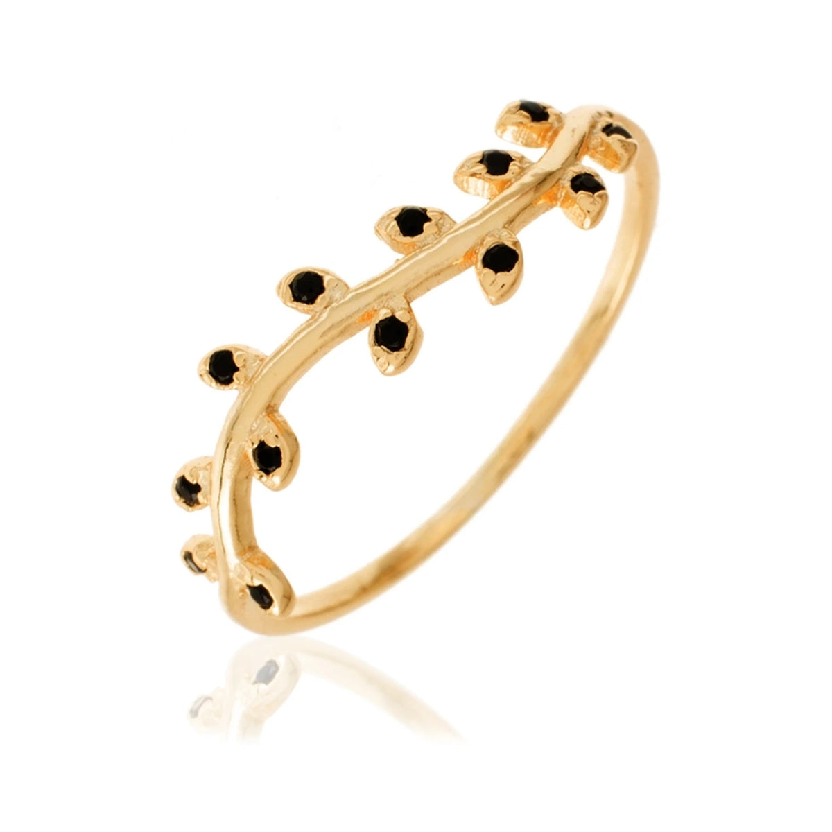 Anillo Hojas Negras Plata de Ley 925 en dorado, anillo fino con hojas pequeñas