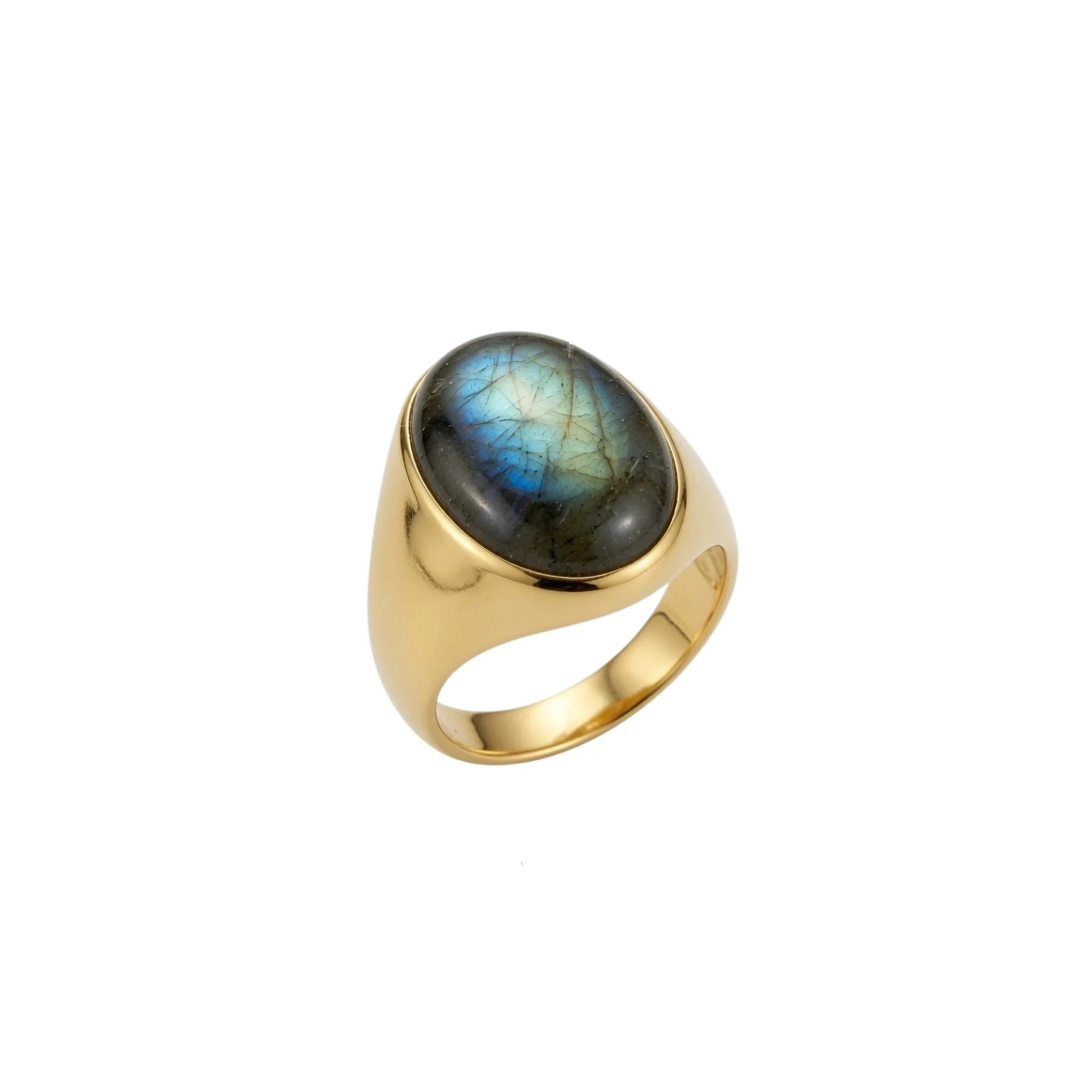Anillo óvalo XL con labradorita natural en montura de bronce dorado, vista frontal