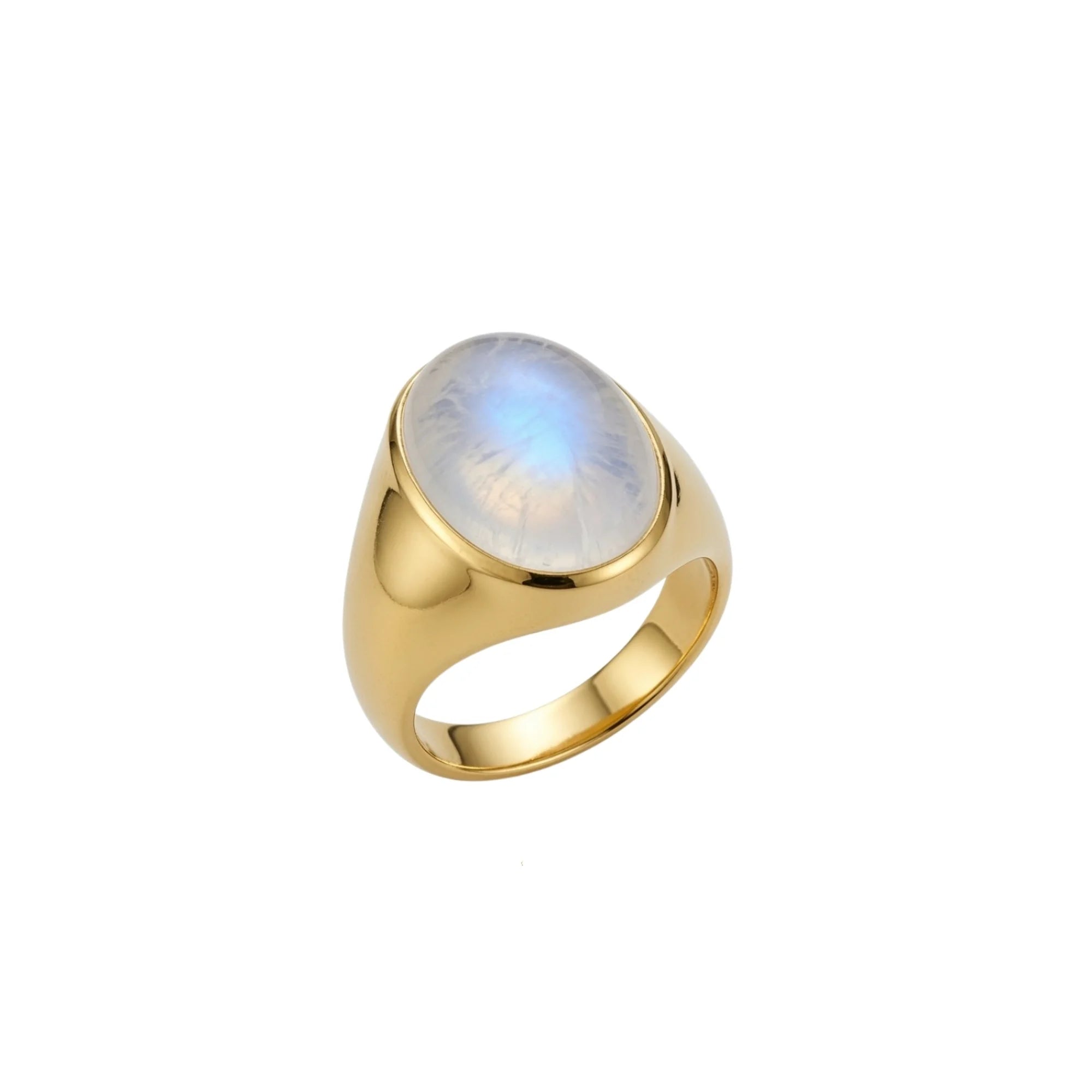 Anillo óvalo XL con piedra luna natural en montura de bronce dorado, vista frontal