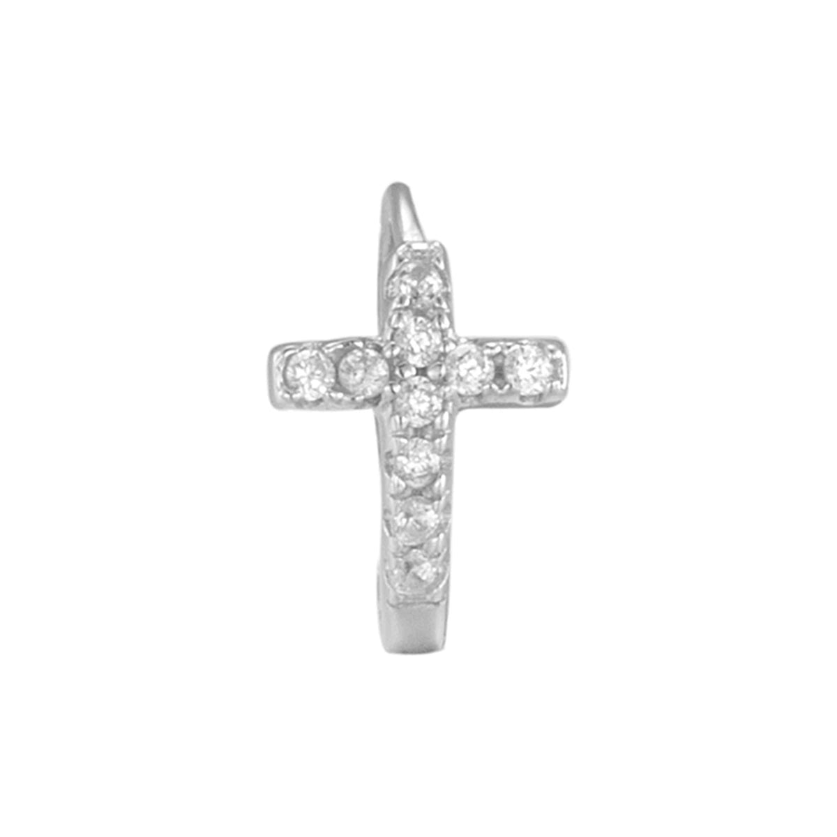Aro Cruz con Circonitas en plata, blanca, de frente con cruz de circonitas