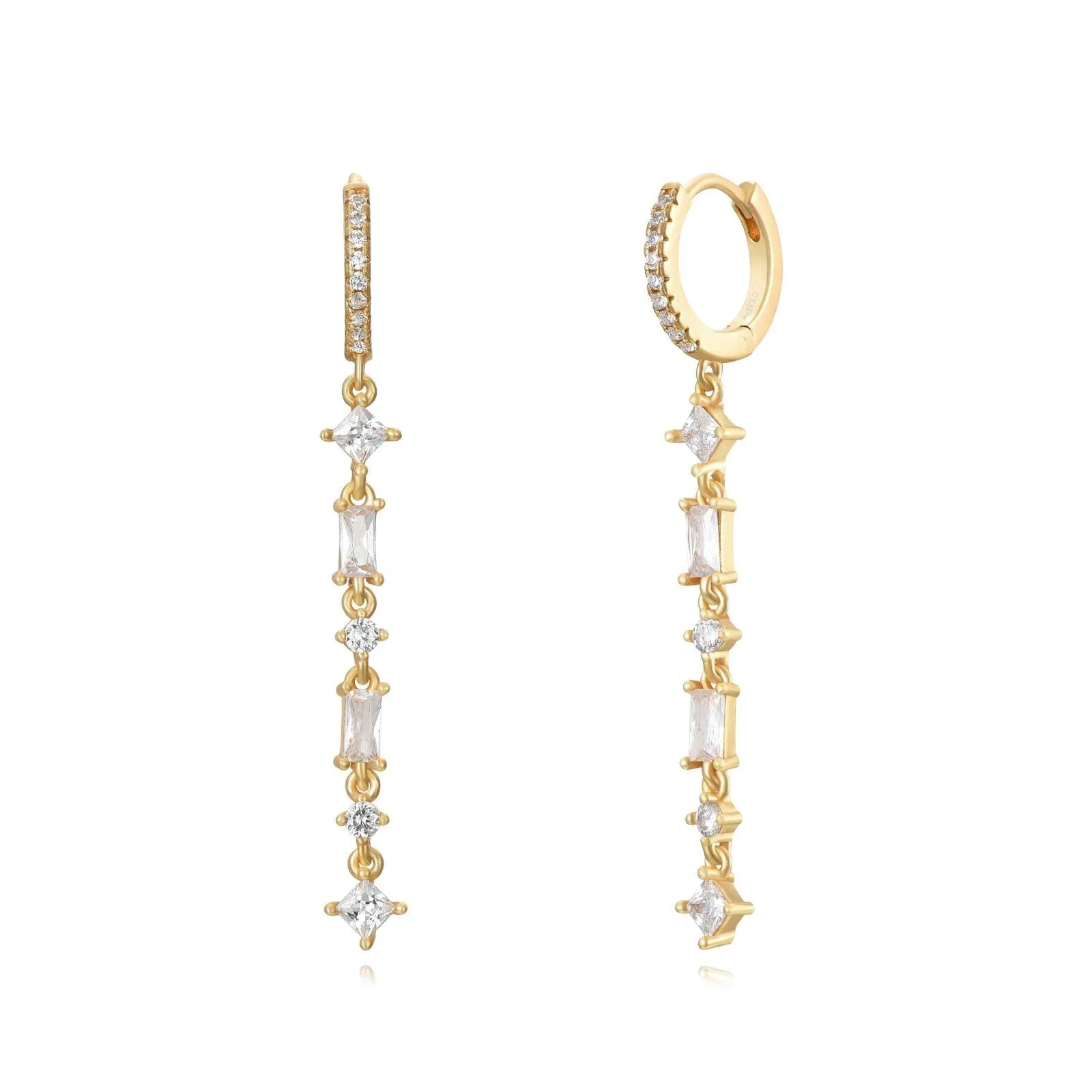 Aros con 6 circonitas colgando, diseño brillante y elegante con movimiento