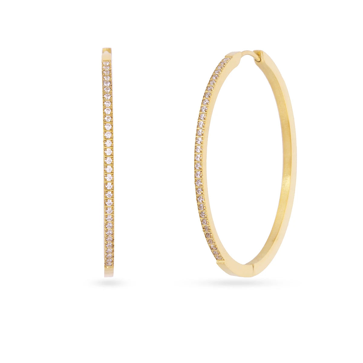 Aros con Circonitas Blancas 45 mm en dorado, de frente y de perfil