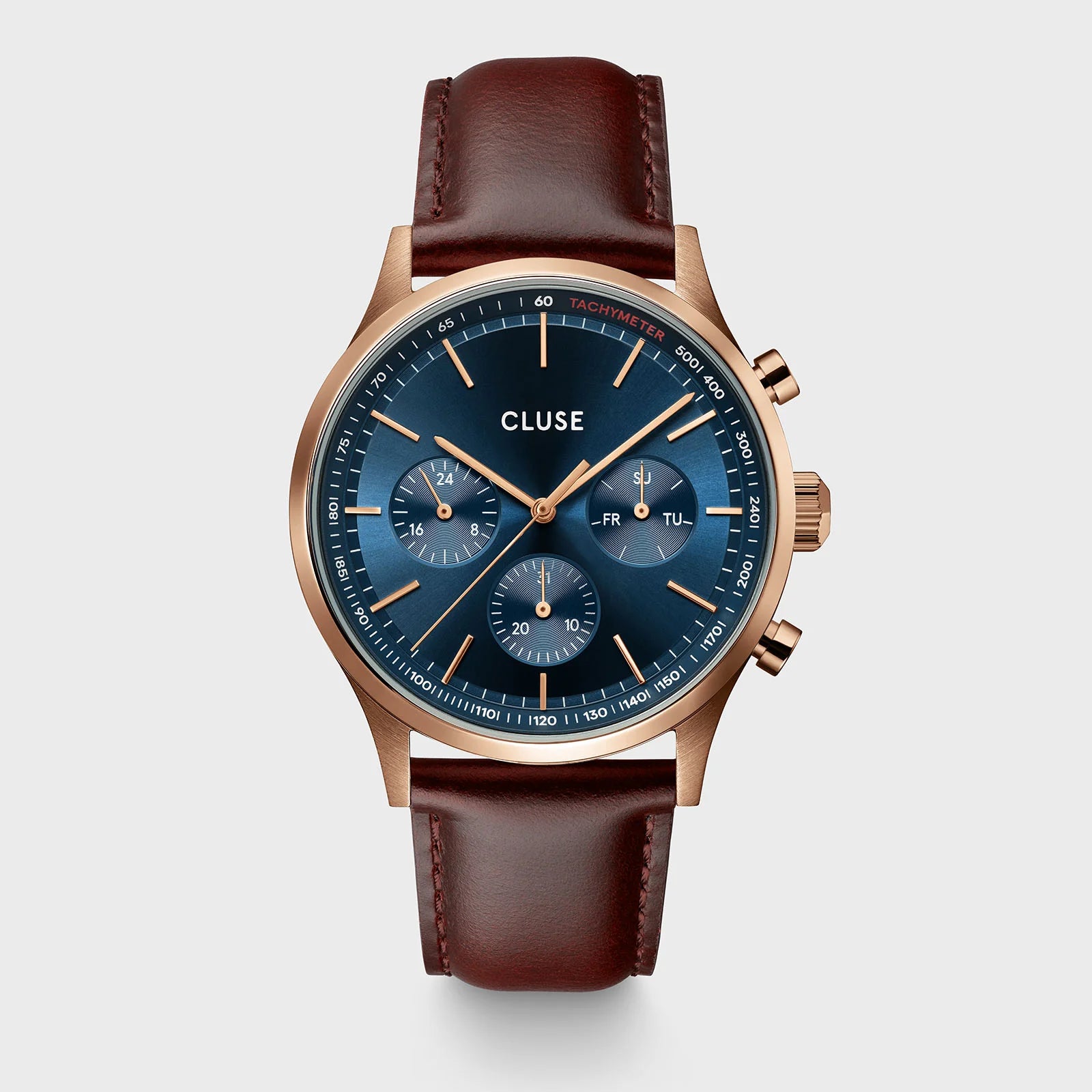 Vista frontal del reloj Cluse Anthéor Multifunción Azul Oro Rosa con correa de piel marrón