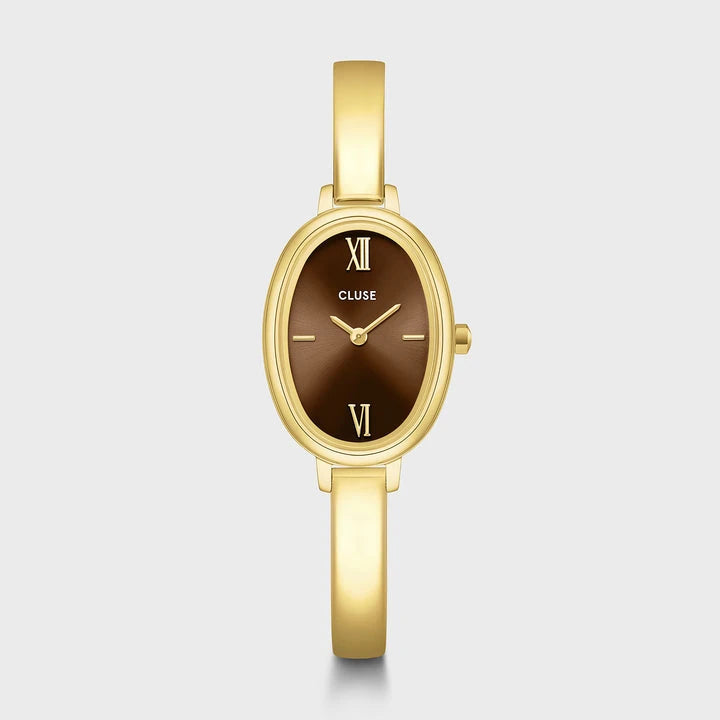 Reloj CLUSE L’Ovale CW16105 de frente, esfera marrón y brazalete dorado