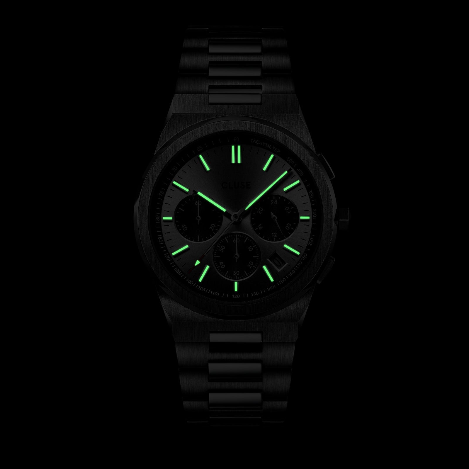 Reloj Cluse Vigoureux Plata y Negro con indicadores luminiscentes verdes en la oscuridad
