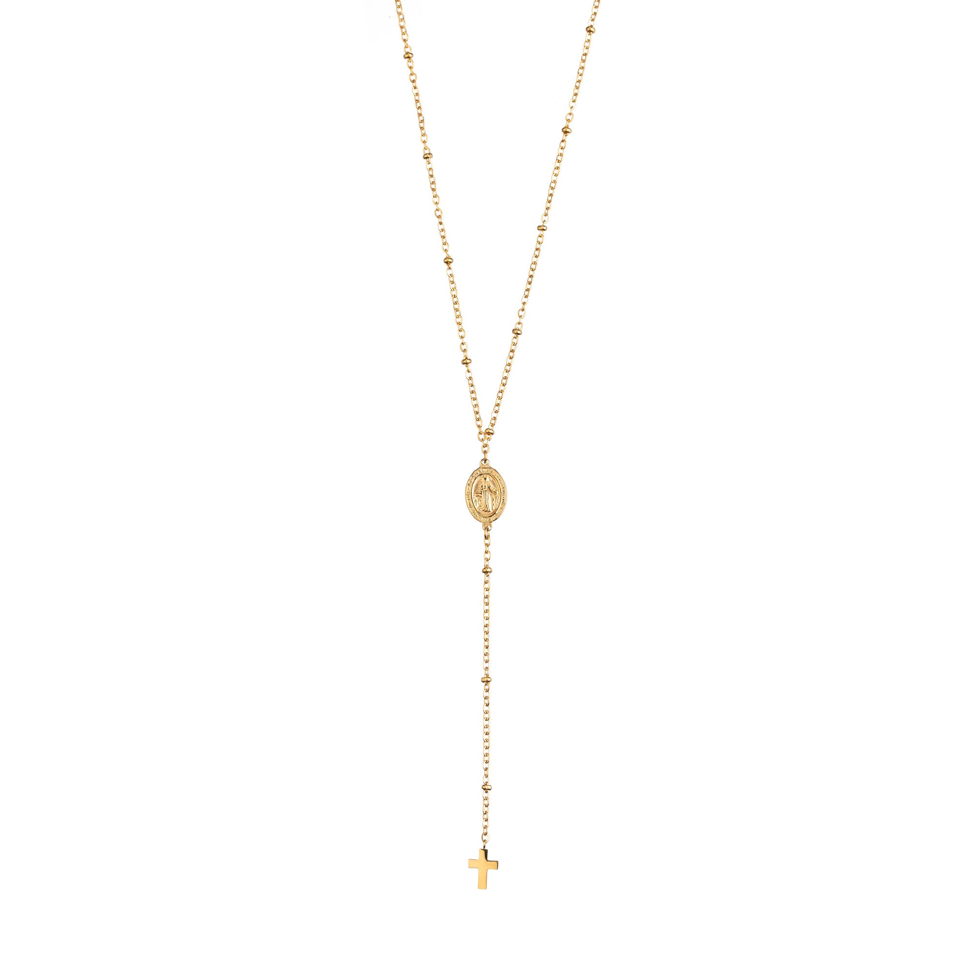 Collar rosario dorado con virgen y cruz en acero 316L hipoalergénico