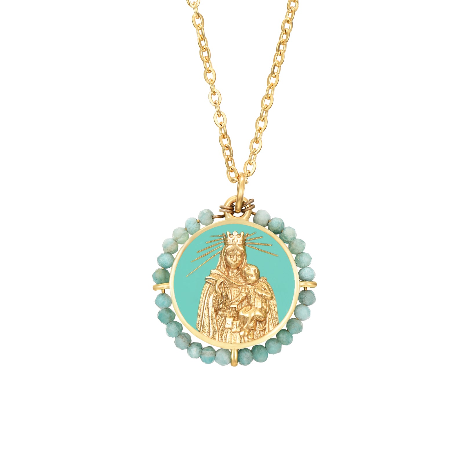 Collar Virgen del Carmen con amazonita en acero 316L dorado