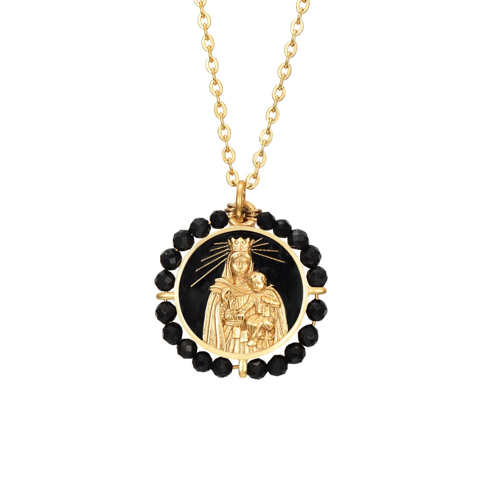 Collar Virgen del Carmen con ónix negro en acero 316L dorado