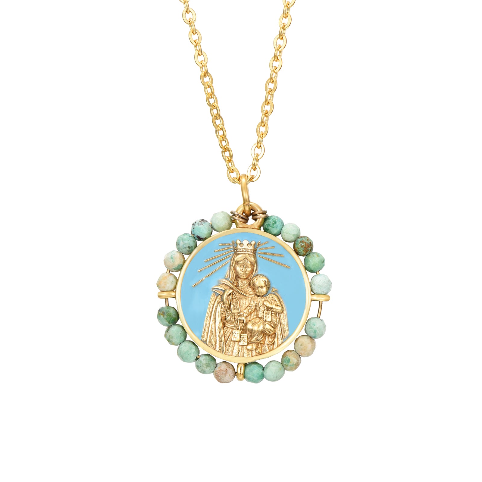 Collar Virgen del Carmen con turquesa en acero 316L dorado