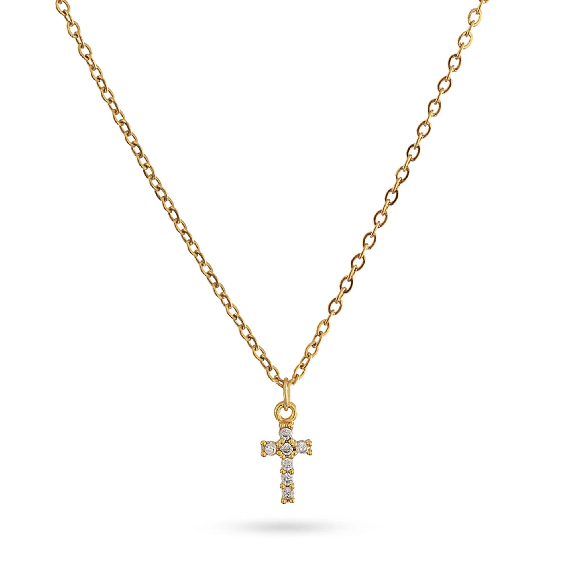 Collar dorado con cruz mini de circonitas en acero 316L