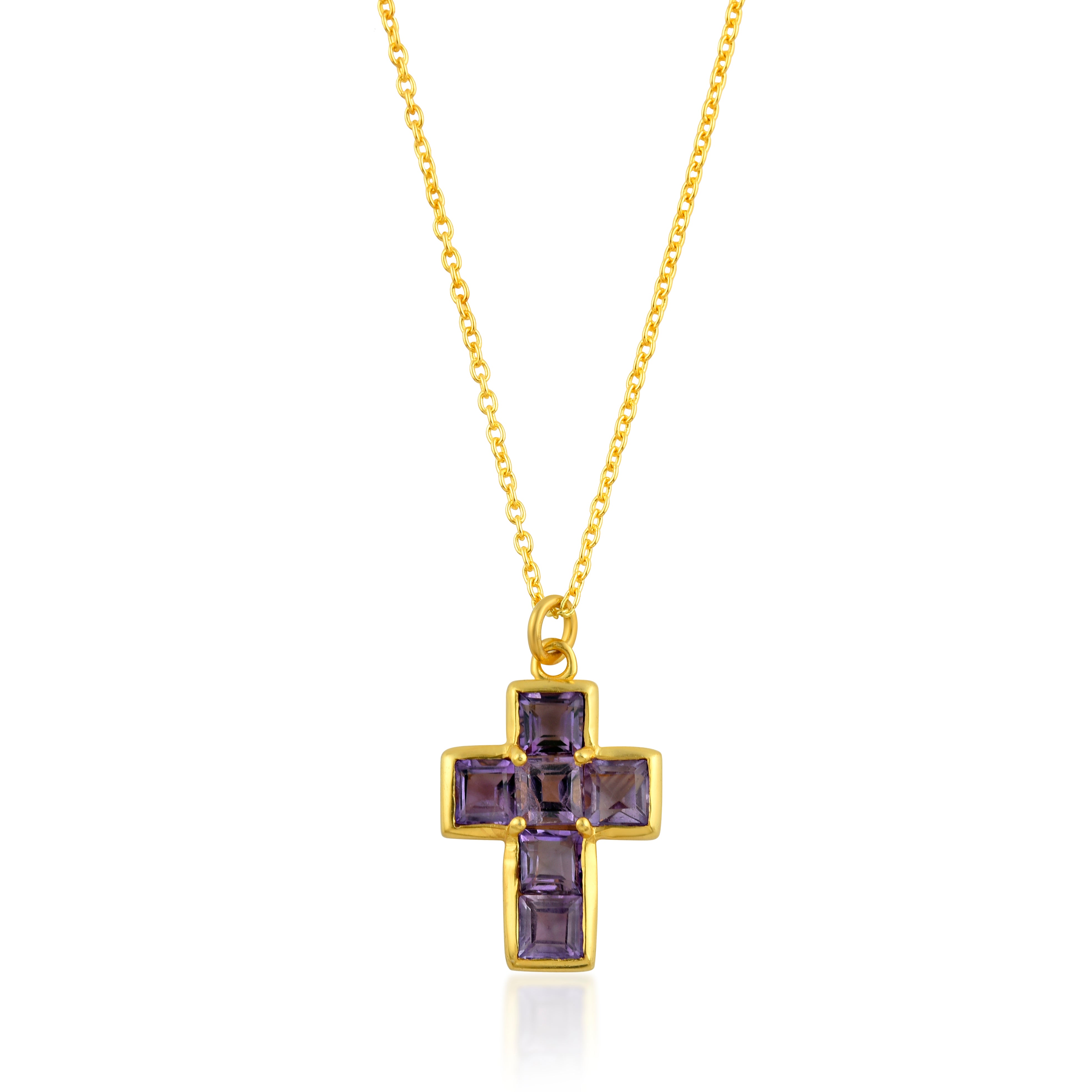 Collar cruz con piedras naturales de amatista, diseño dorado con tono morado y colgante pequeño
