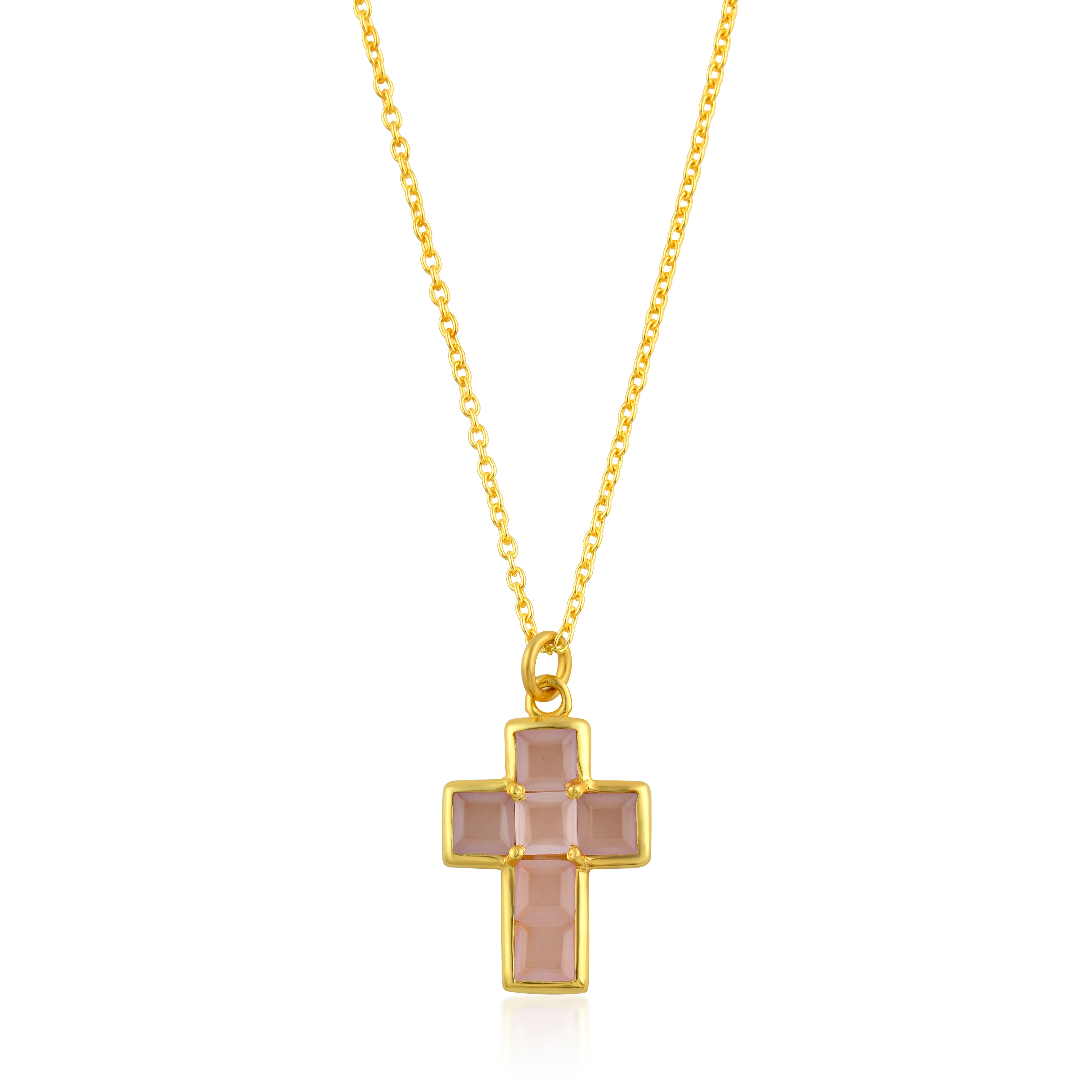 Collar cruz con piedras naturales de cuarzo rosa, diseño dorado delicado con tono suave