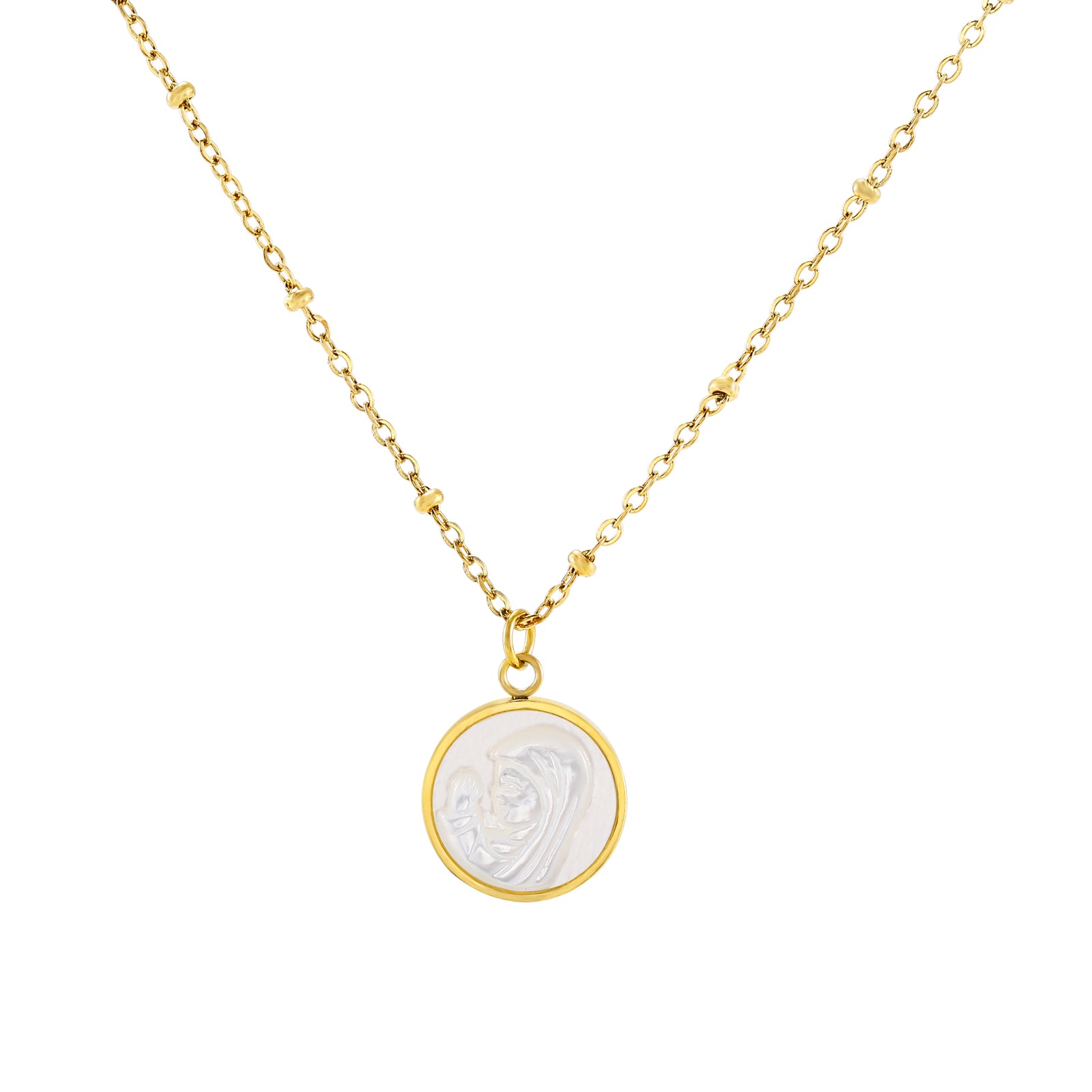 Collar Devotion con Virgen Niña en nácar y acero dorado, diseño religioso delicado