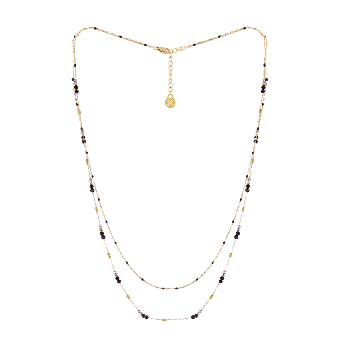 Collar doble Spirit en acero dorado con piedras negras y lavanda