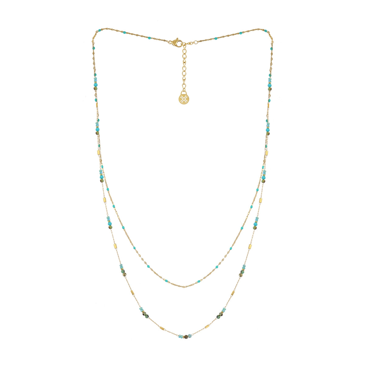 Collar doble Spirit de acero dorado con piedras de cristal turquesas