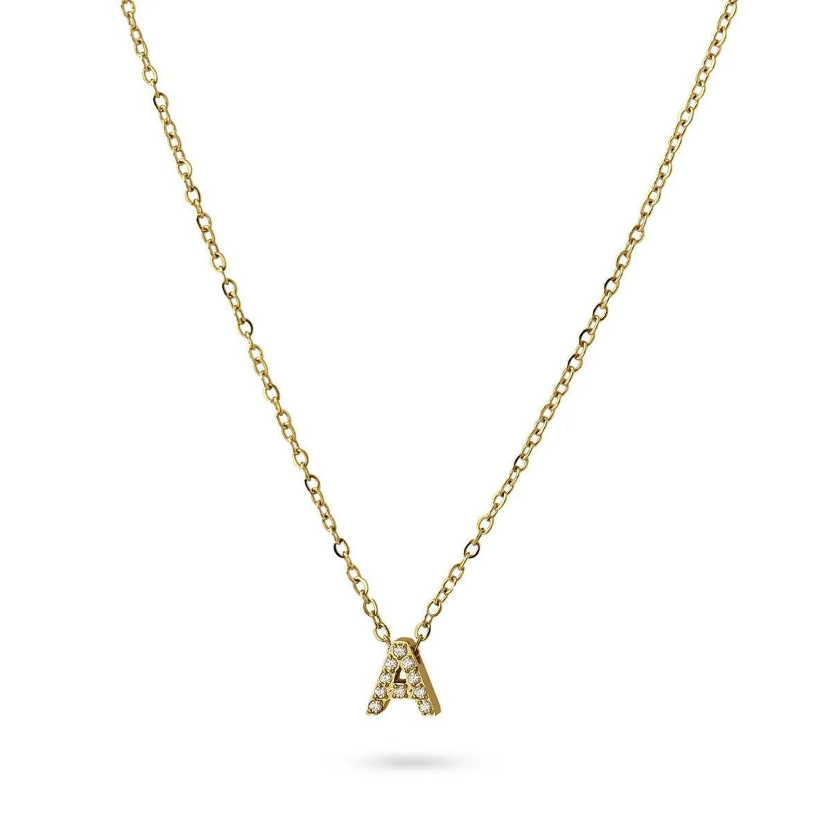 Collar Inicial A con circonitas en acero inoxidable dorado, diseño elegante y moderno, Cobalto Accesorios.