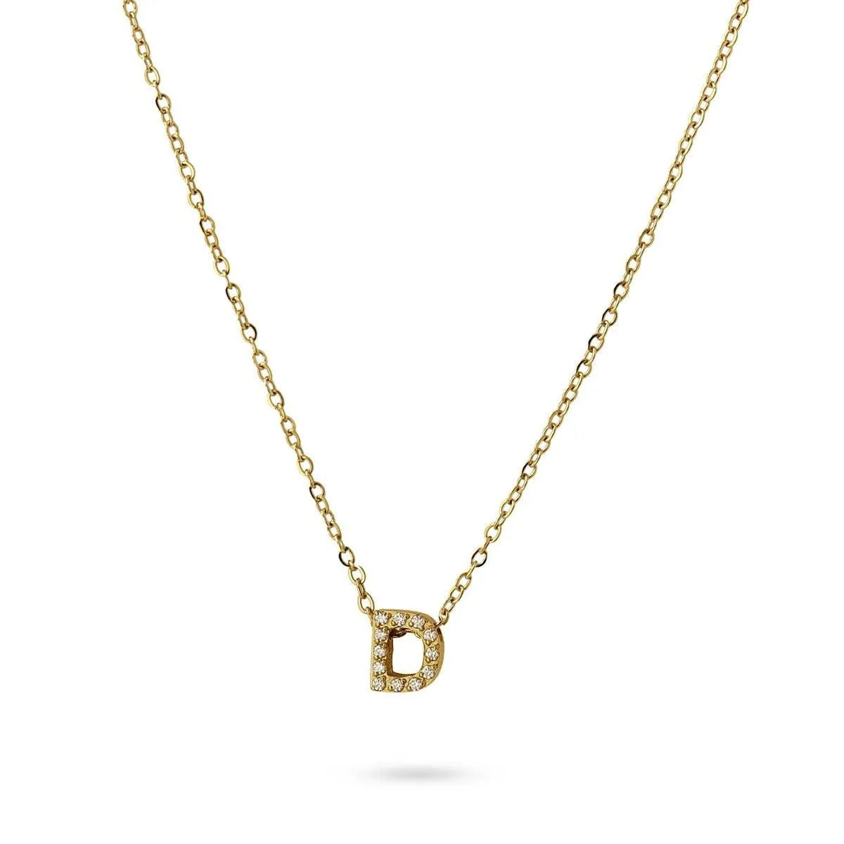 Collar Inicial D con circonitas en acero inoxidable dorado, diseño elegante y moderno, Cobalto Accesorios.