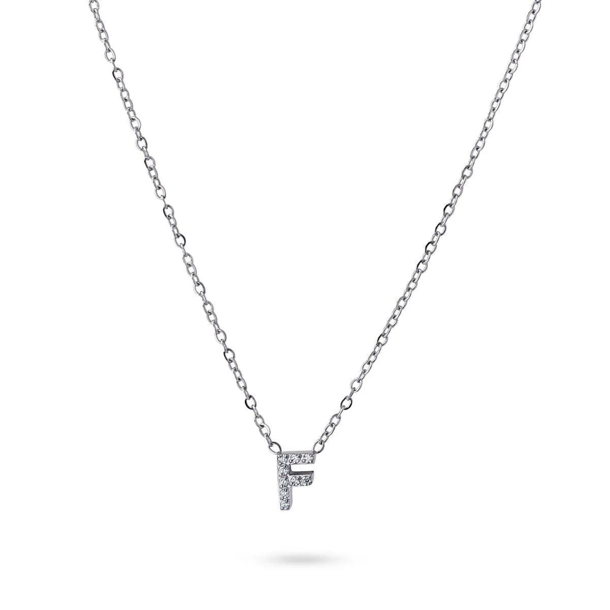 Collar Inicial F con circonitas en acero inoxidable plateado, diseño elegante y moderno, Cobalto Accesorios.