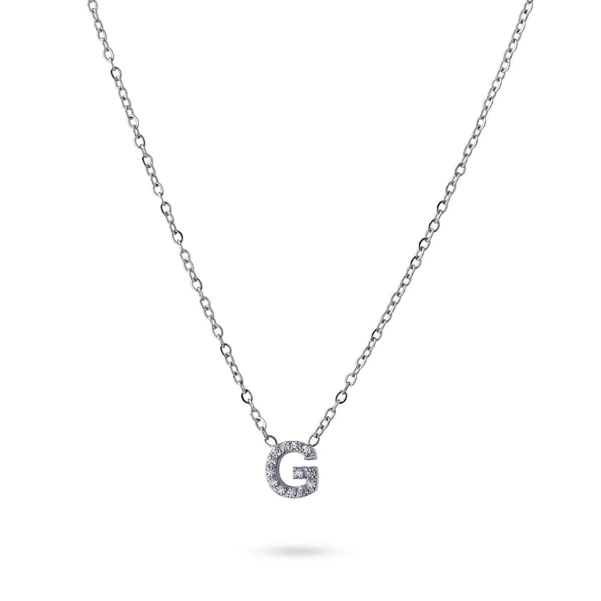 Collar Inicial G con circonitas en acero inoxidable plateado, diseño elegante y moderno, Cobalto Accesorios.