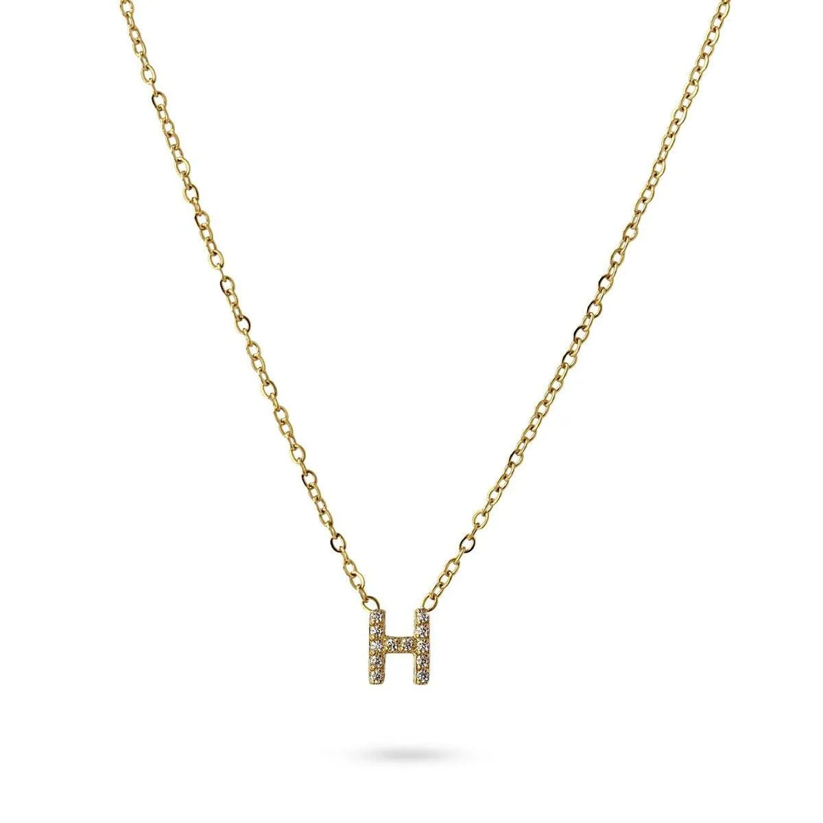Collar Inicial H con circonitas en acero inoxidable dorado, diseño elegante y moderno, Cobalto Accesorios.