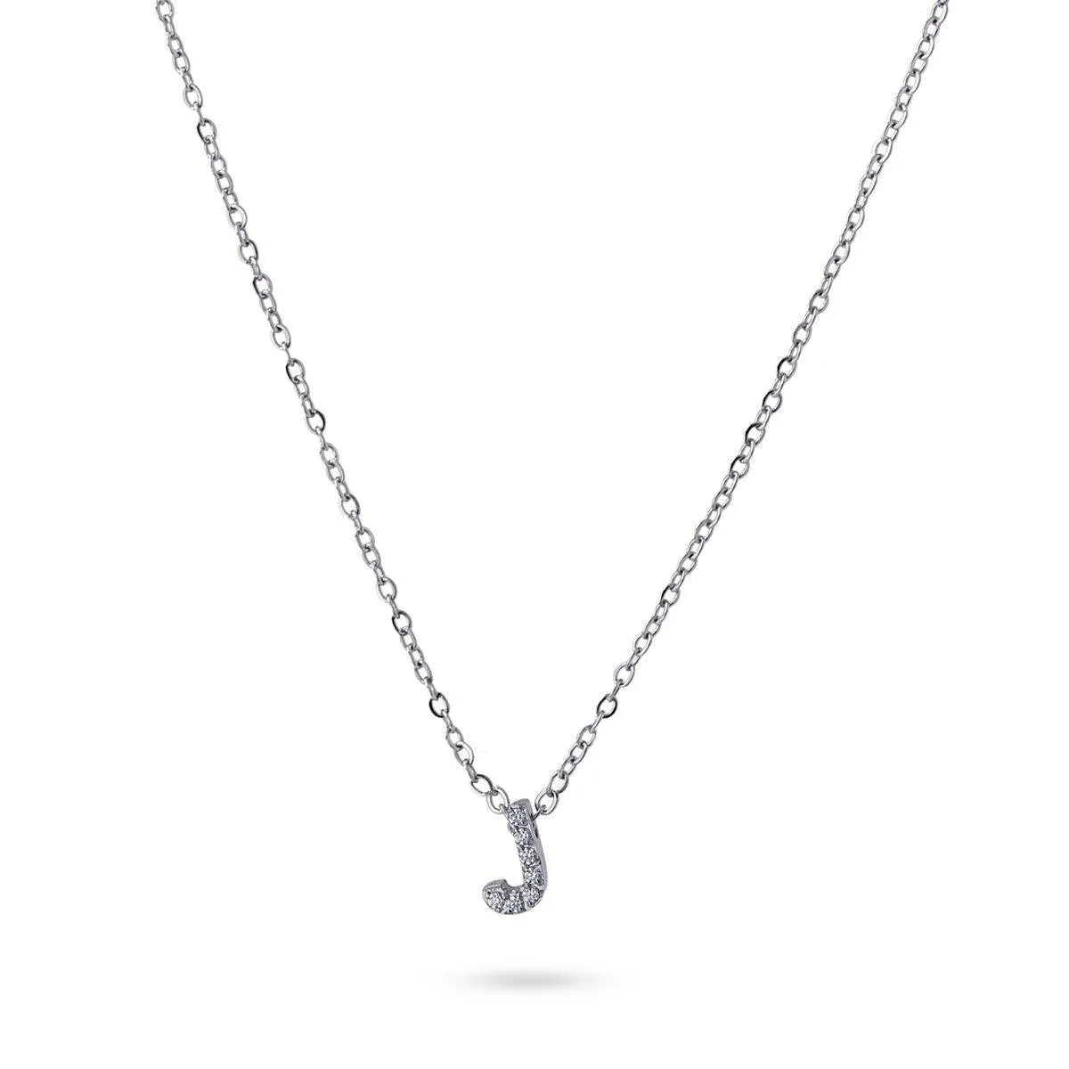 Collar Inicial J con circonitas en acero inoxidable plateado, diseño elegante y moderno, Cobalto Accesorios.