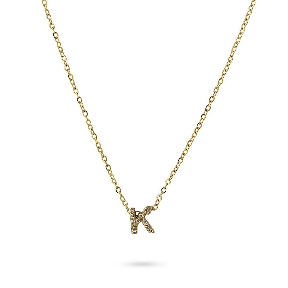 Collar Inicial K con circonitas en acero inoxidable dorado, diseño elegante y moderno, Cobalto Accesorios.