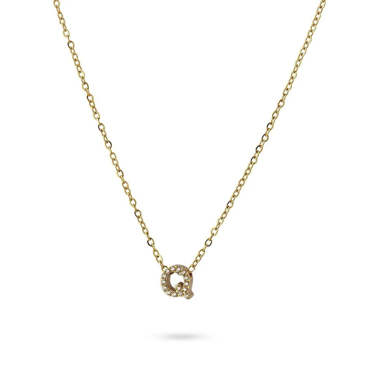 Collar Inicial Q con circonitas en acero inoxidable dorado, diseño elegante y moderno, Cobalto Accesorios.