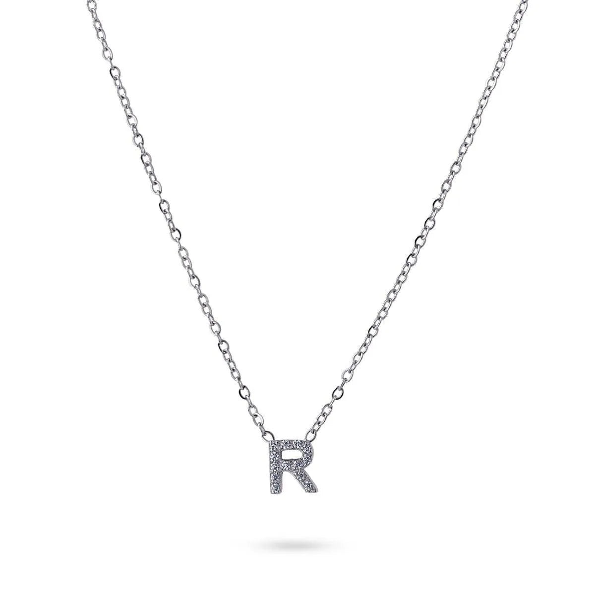 Collar Inicial R con circonitas en acero inoxidable plateado, diseño elegante y moderno, Cobalto Accesorios.