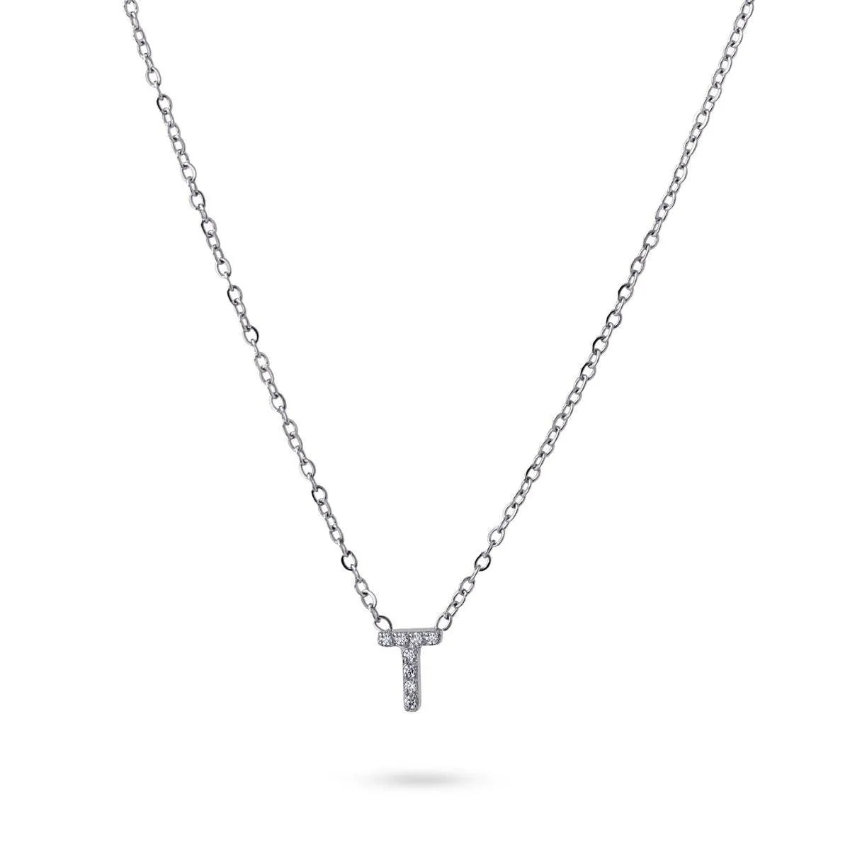 Collar Inicial T con circonitas en acero inoxidable plateado, diseño elegante y moderno, Cobalto Accesorios.