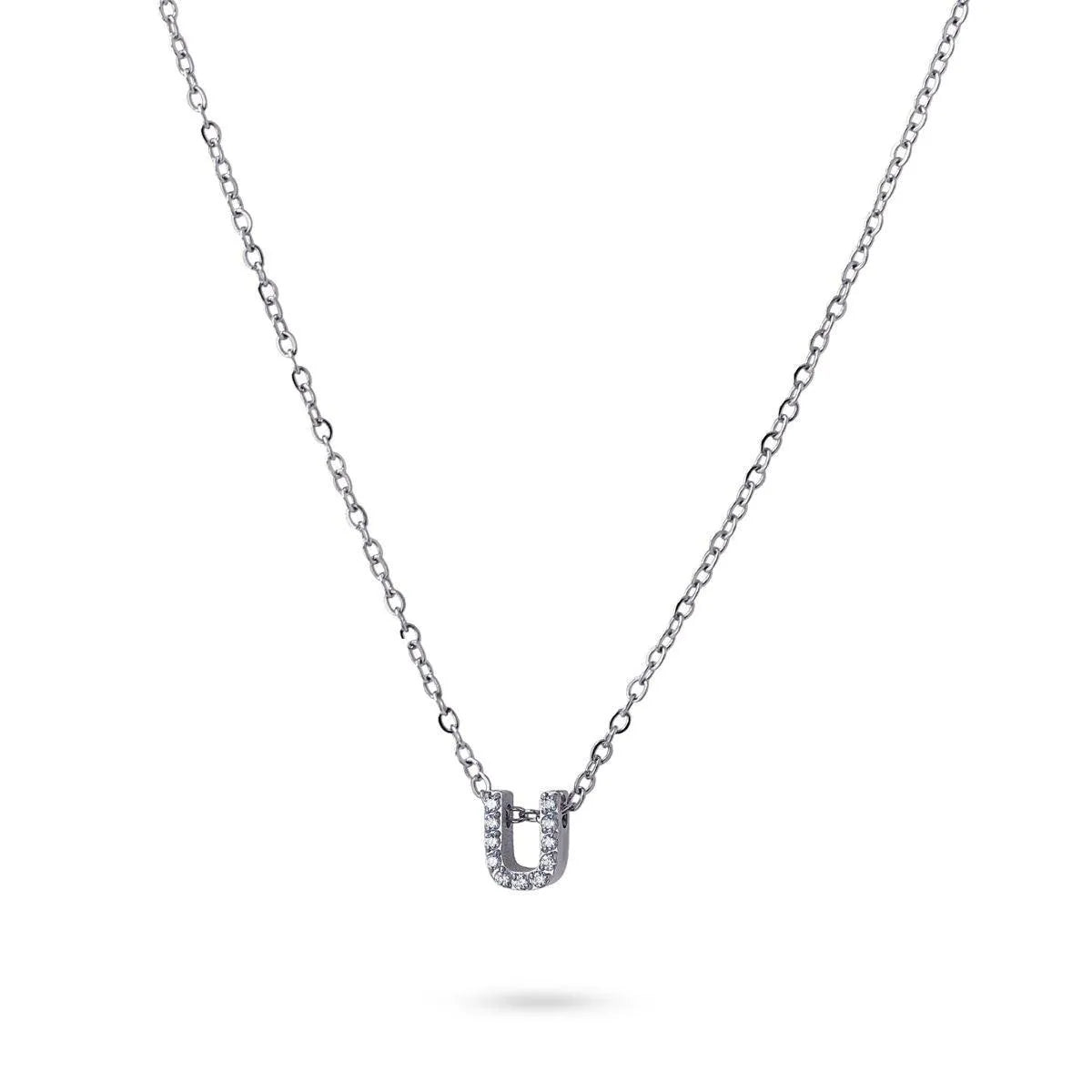 Collar Inicial U con circonitas en acero inoxidable plateado, diseño elegante y moderno, Cobalto Accesorios.