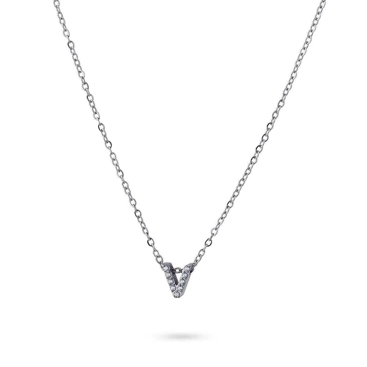 Collar Inicial V con circonitas en acero inoxidable plateado, diseño elegante y moderno, Cobalto Accesorios.