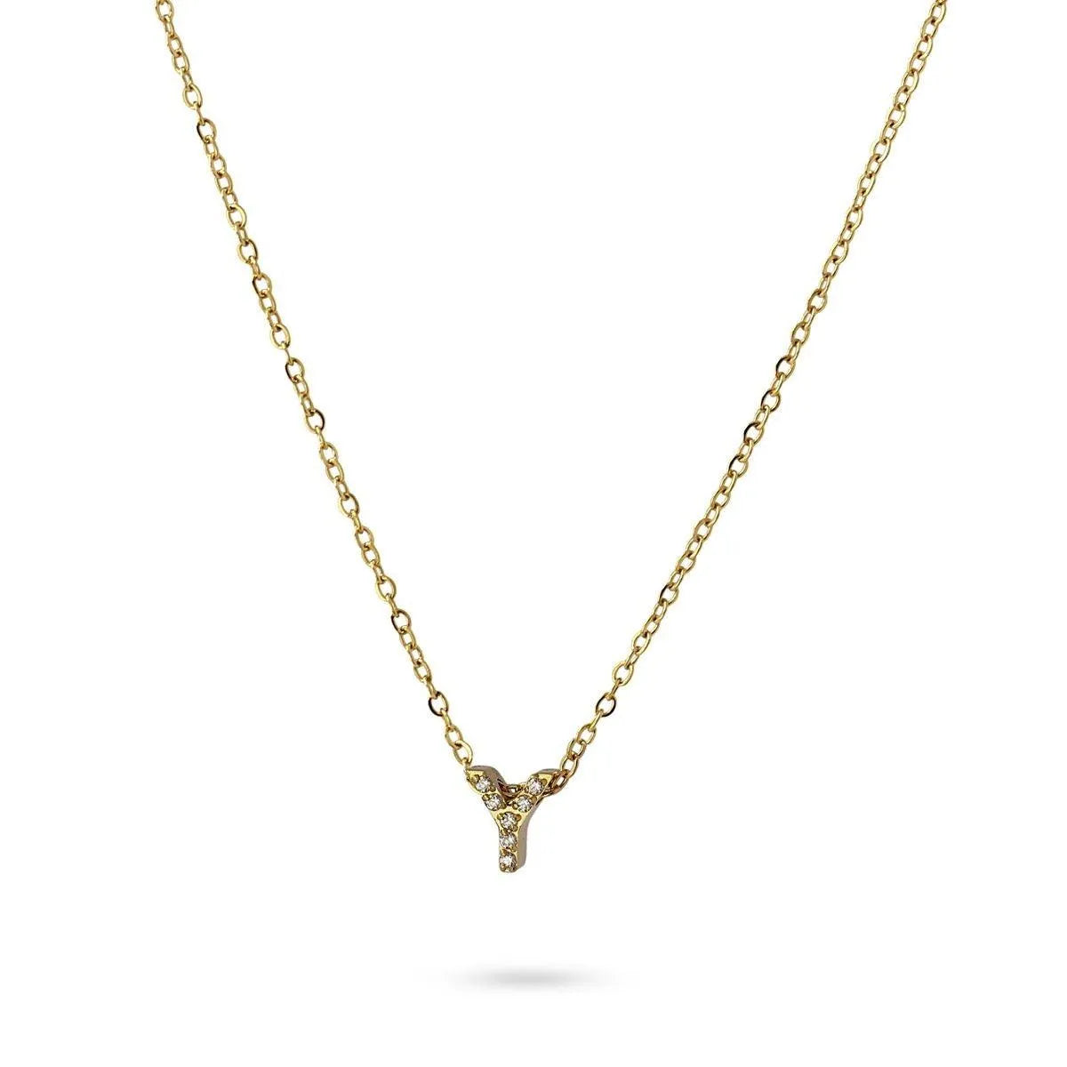 Collar Inicial Y con circonitas en acero inoxidable dorado, diseño elegante y moderno, Cobalto Accesorios.