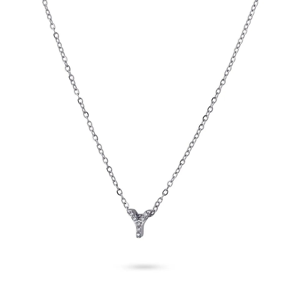 Collar Inicial Y con circonitas en acero inoxidable plateado, diseño elegante y moderno, Cobalto Accesorios.