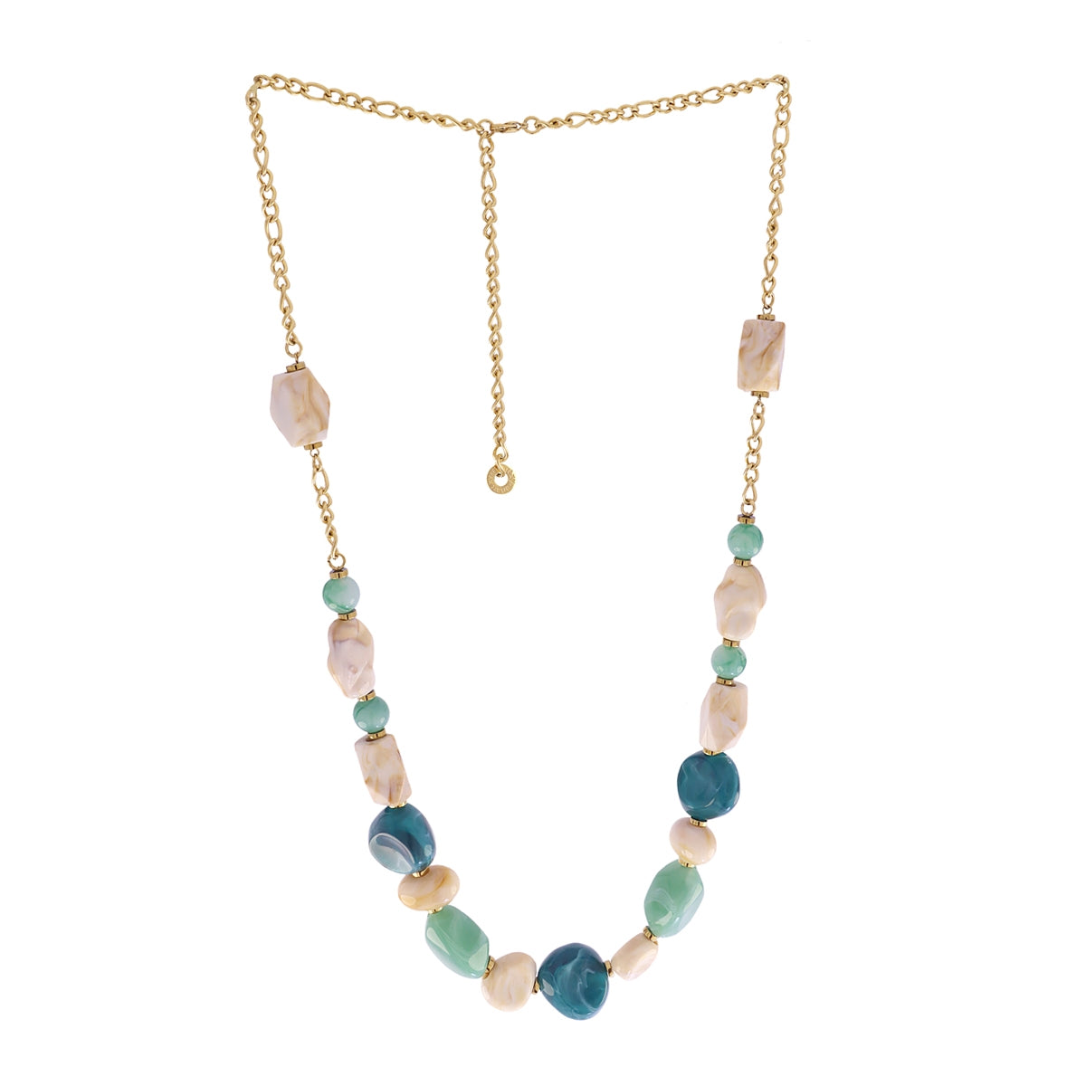 Collar largo Marbles Brezza de resina azul y arena con cadena de acero dorado – Cobalto Accesorios