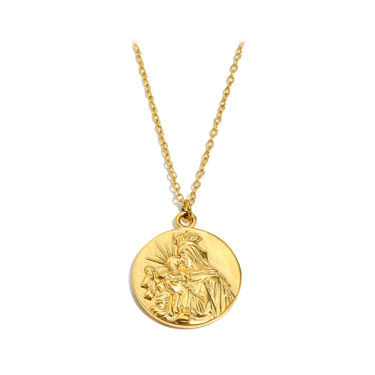 Collar Medalla Escapulario 23 mm con Arandela de Acero 316L, anverso con la Virgen del Carmen coronada y el Niño
