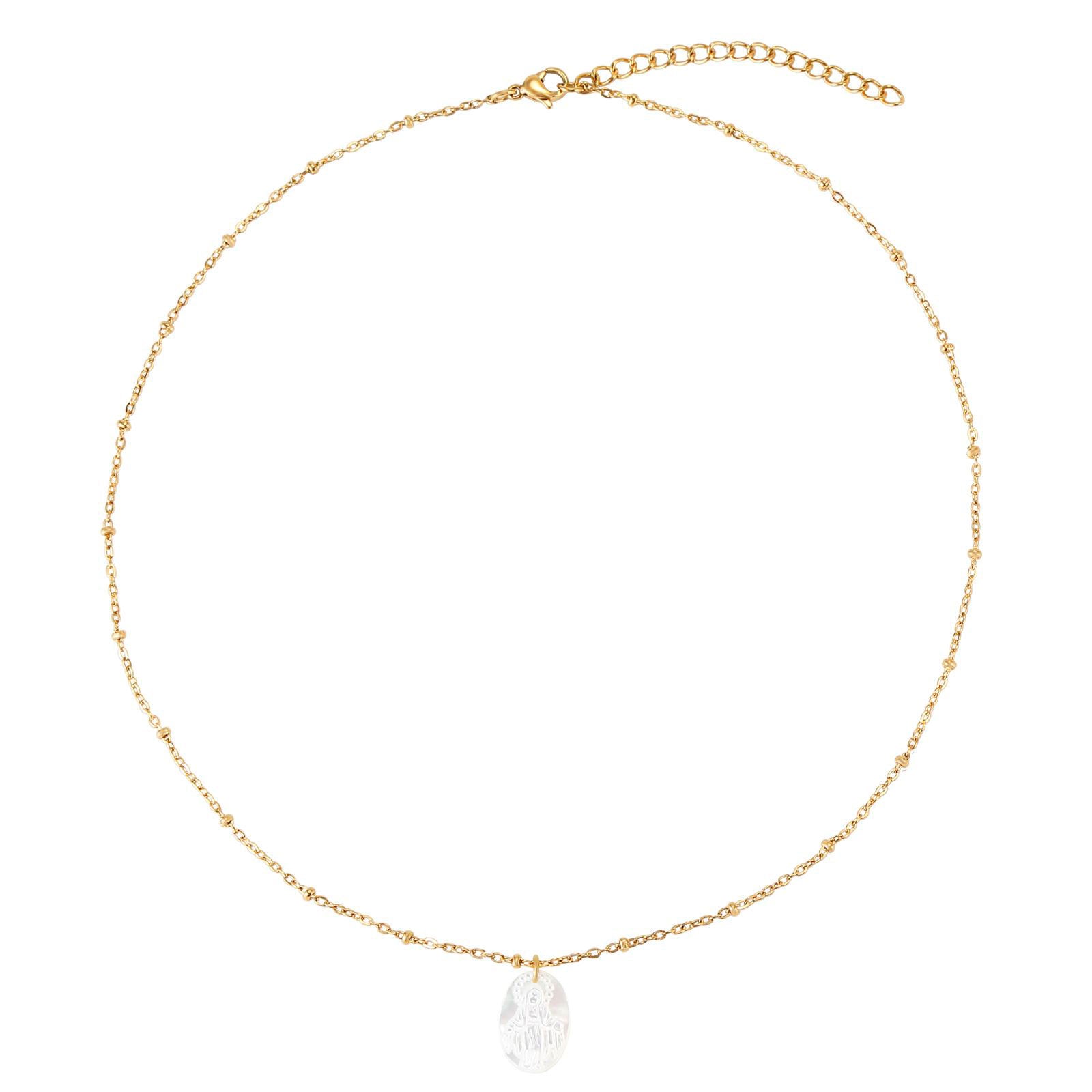 Collar Miracle con medalla de la Virgen Milagrosa en nácar y acabado dorado, estilo delicado
