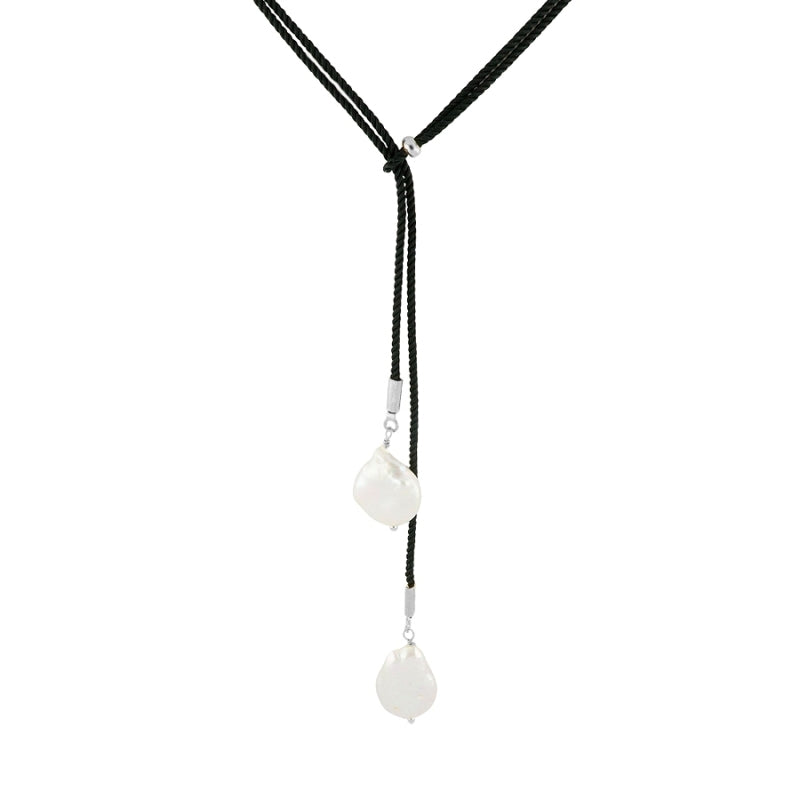 Collar Nudo Perla Doble con cordón negro y perla, diseño ajustable en plata 925