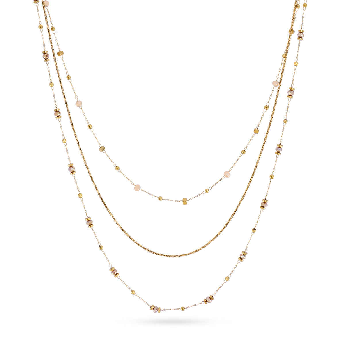 Collar Spirit Allay dorado con triple cadena y cristales facetados color beige