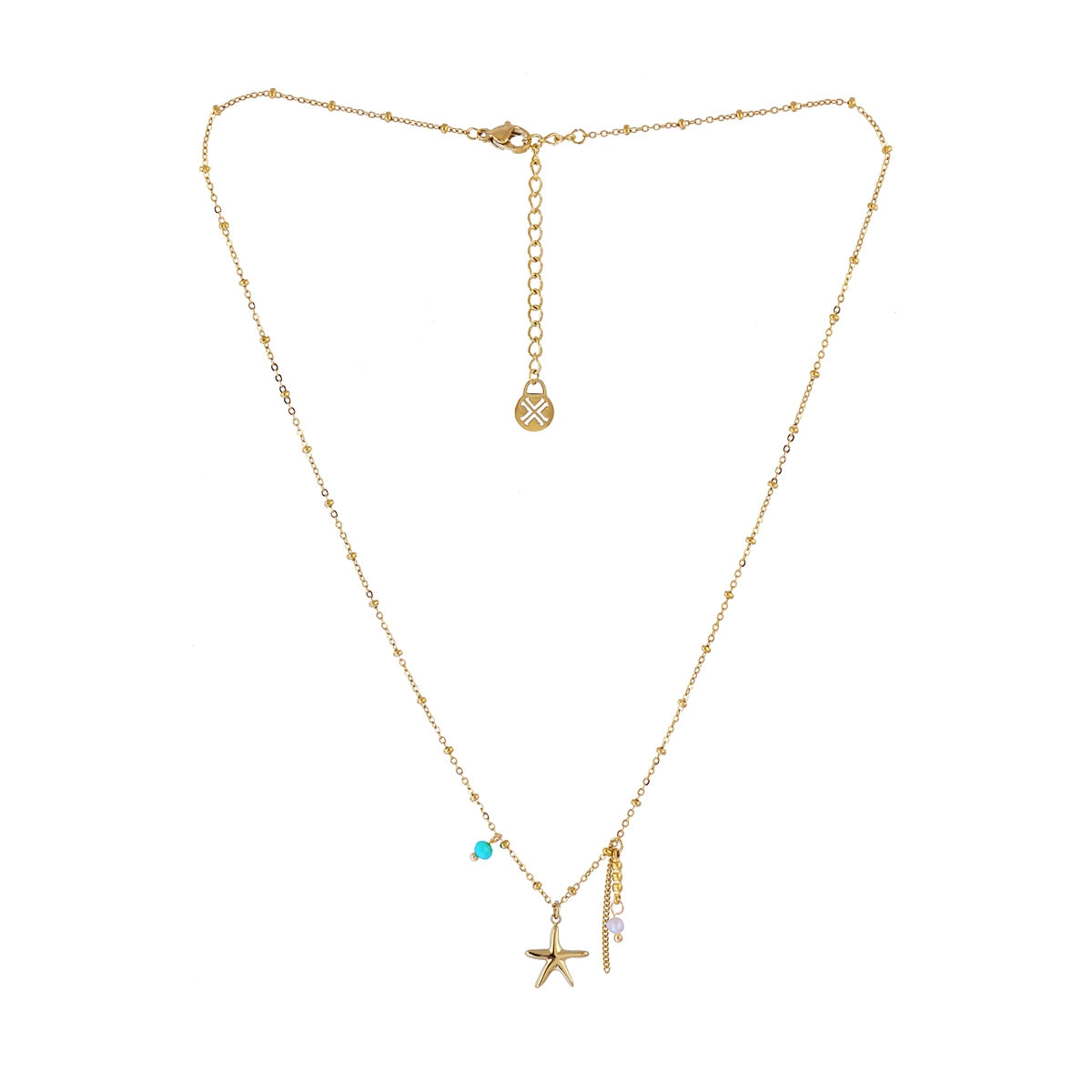 Collar Tide Áurea en acero dorado con cuentas turquesa y charm de estrella