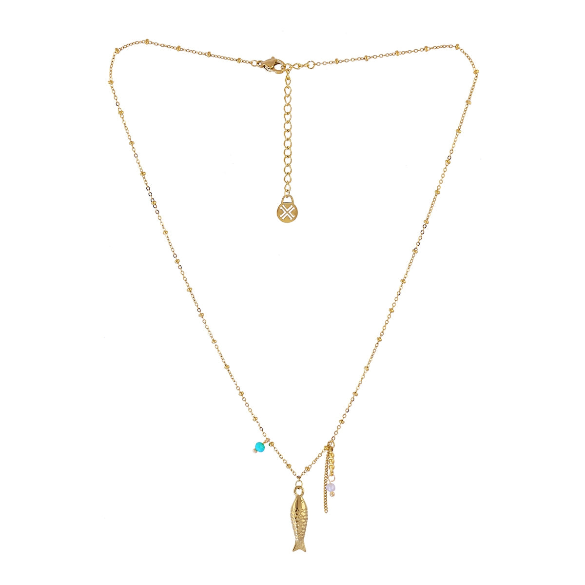 Collar Tide Shoal dorado con charm de pez y piedras turquesas
