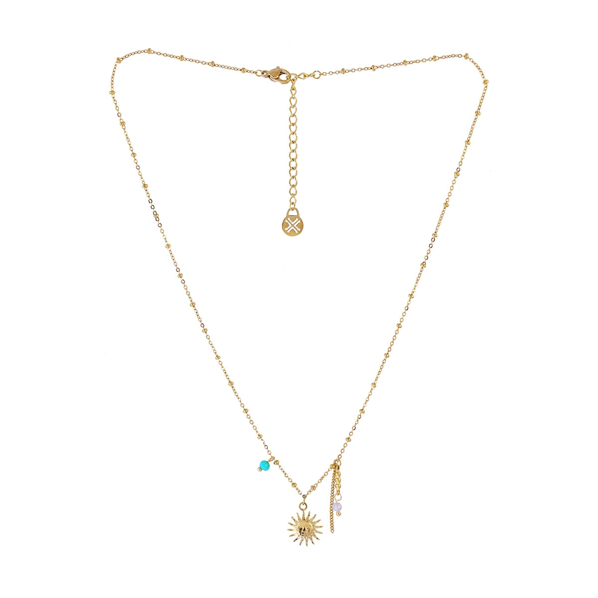 Collar Tide Soral dorado con charm de sol y cuentas azul y blanco