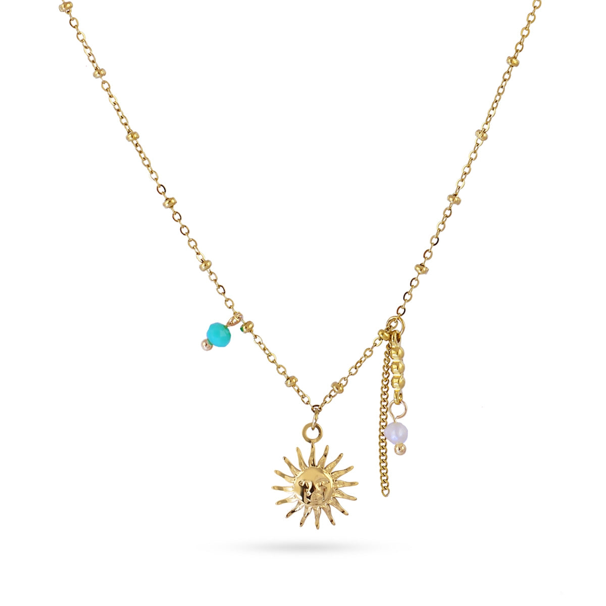 Collar dorado con sol central y piedras brillantes – detalle