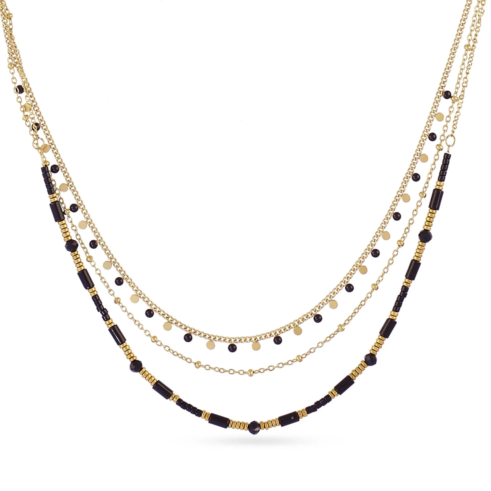 Collar triple de piedras naturales en acero con piedras negras y cadenas doradas, vista general