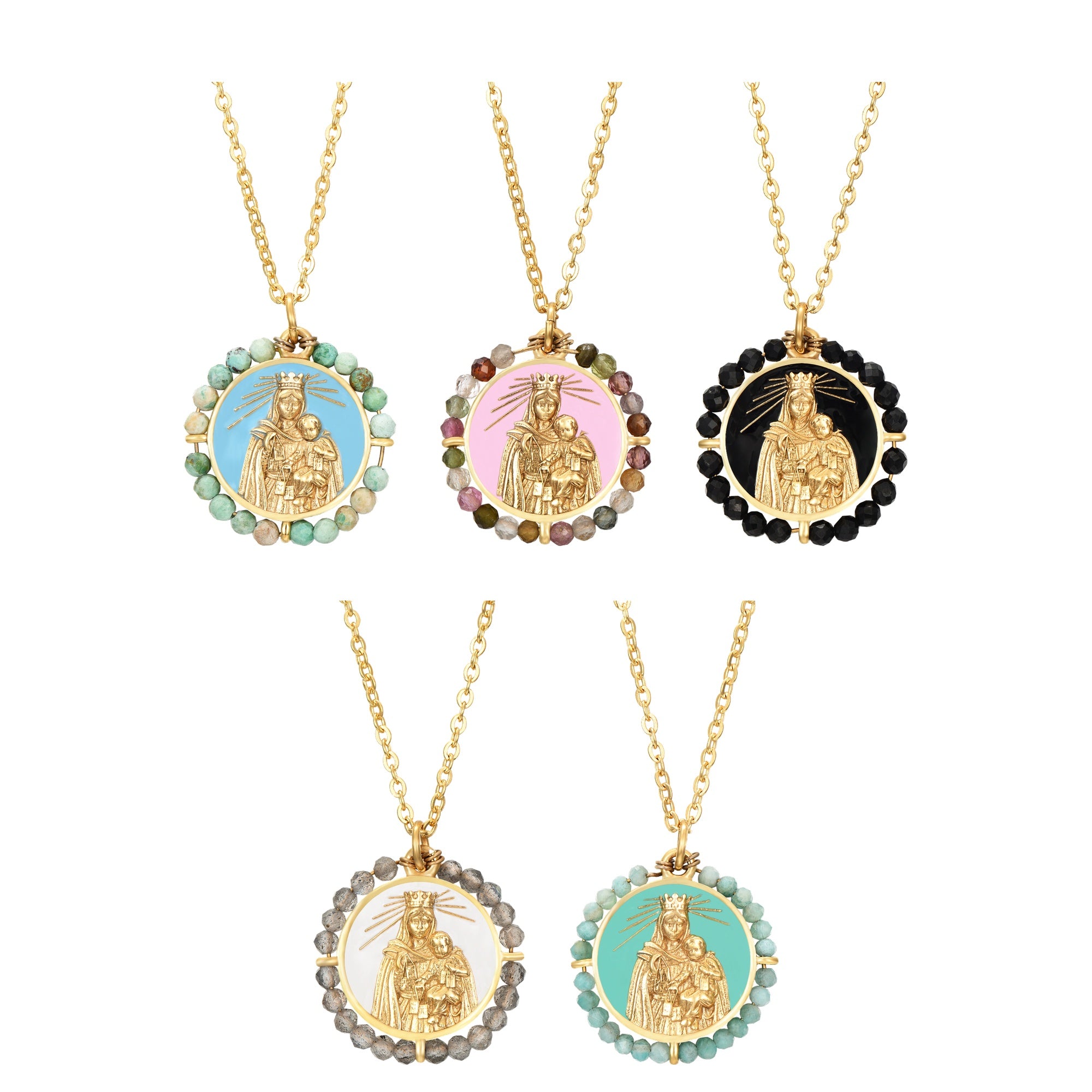 Collar Virgen del Carmen con minerales en varias tonalidades, diseño dorado con medalla central