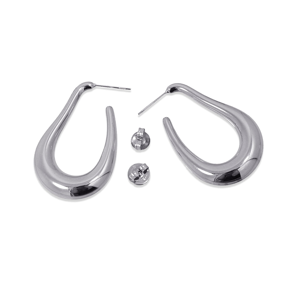 Detalle de los Pendientes Fluid Drop plateados, curva moderna en acero