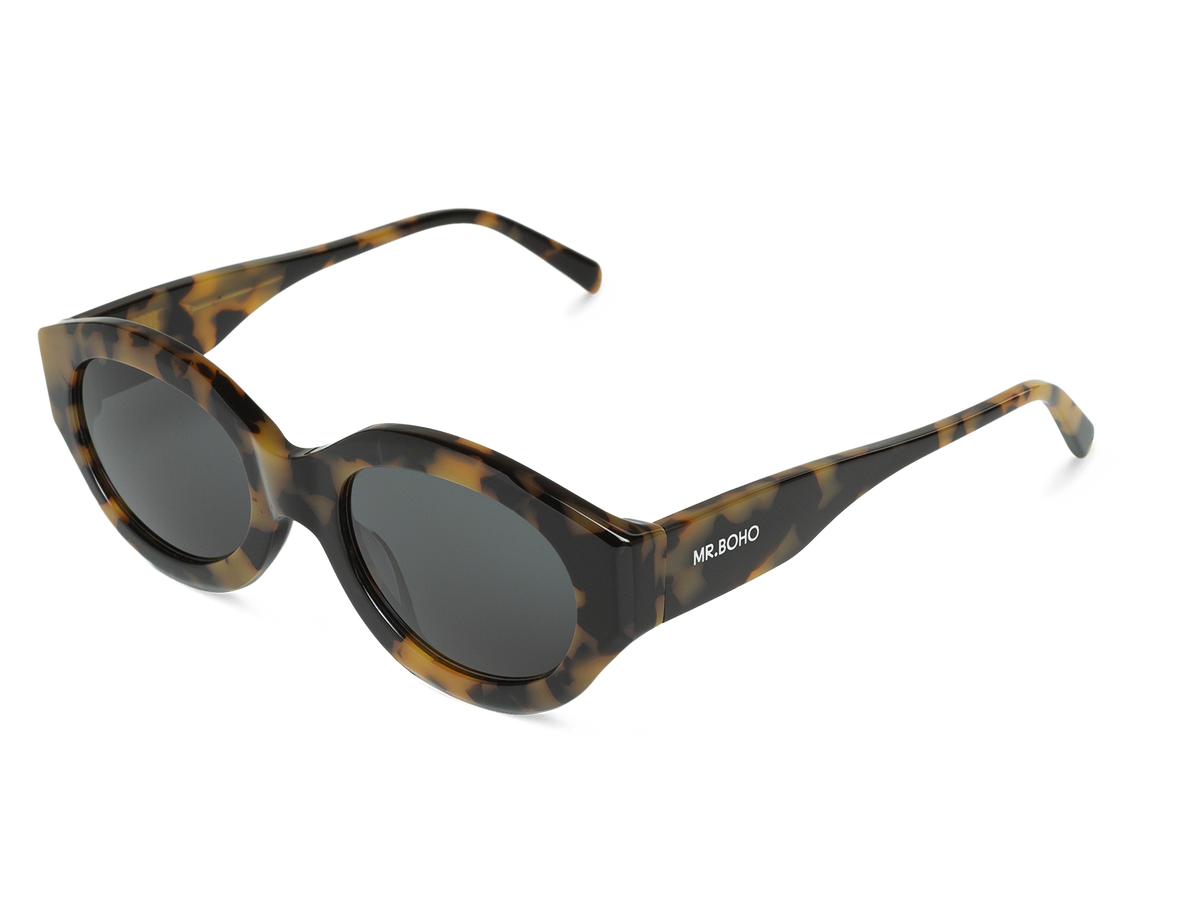 Gafas de sol Mr. Boho SAVINA High Contrast Tortoise en vista lateral, montura de carey ámbar y negro