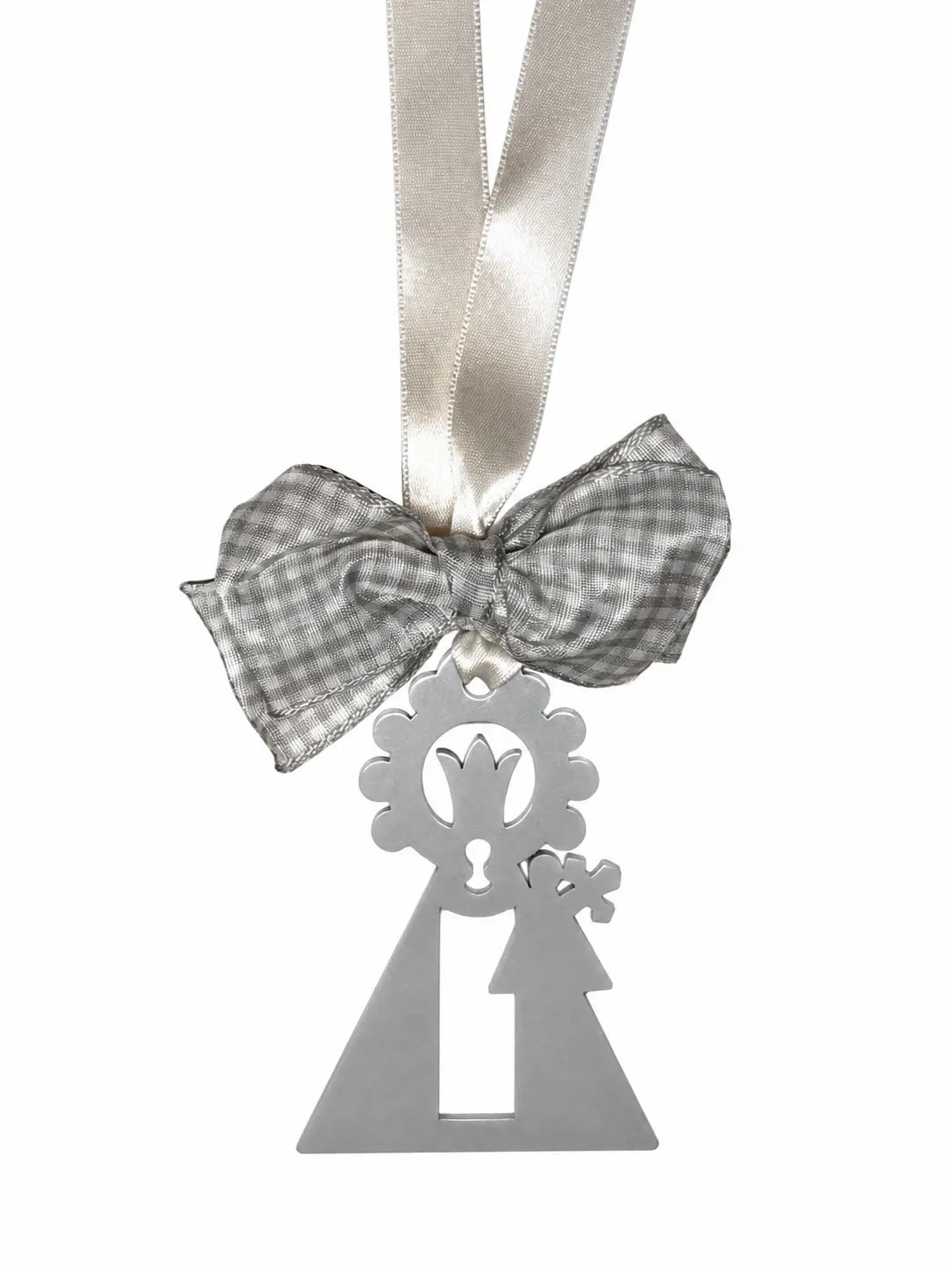 Medalla de cuna gris con lazo vichy y cinta satinada, diseño decorativo infantil sobre fondo blanco