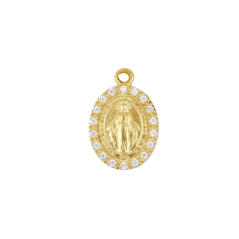 Medalla de la Virgen Milagrosa en plata 925 chapada en oro con circonitas — Cobalto Accesorios Valencia